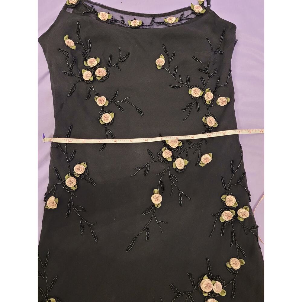 VTG Sue Wong 100% Silk Beaded Dress Black Floral Rosette Y2K Fairy Asymmetrical - Picture 3 of 8